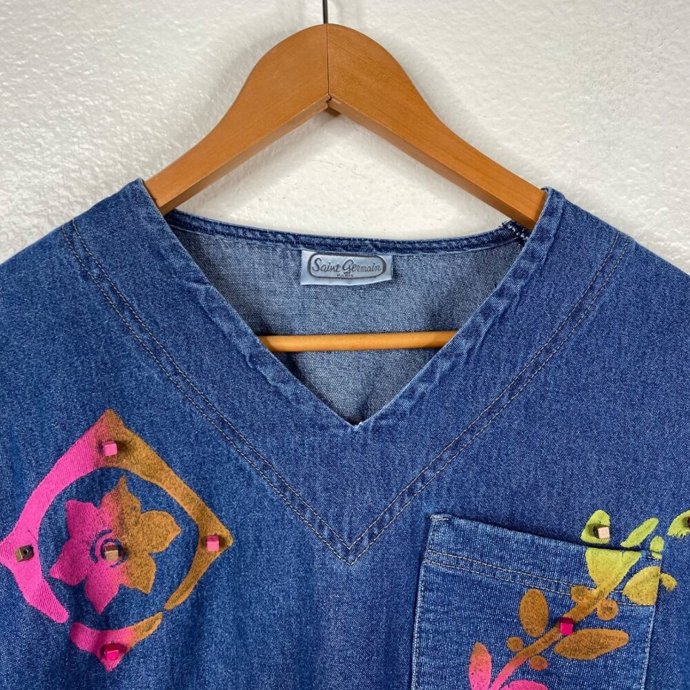 Vintage Saint Germain Paris Top Blue Size XL Denim Hand Painted Boho Art to Wear - Picture 4 of 14
